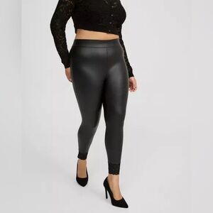 Torrid Black Faux Leather Leggings Lace Hem High Waist Pants Size 3 (3X)